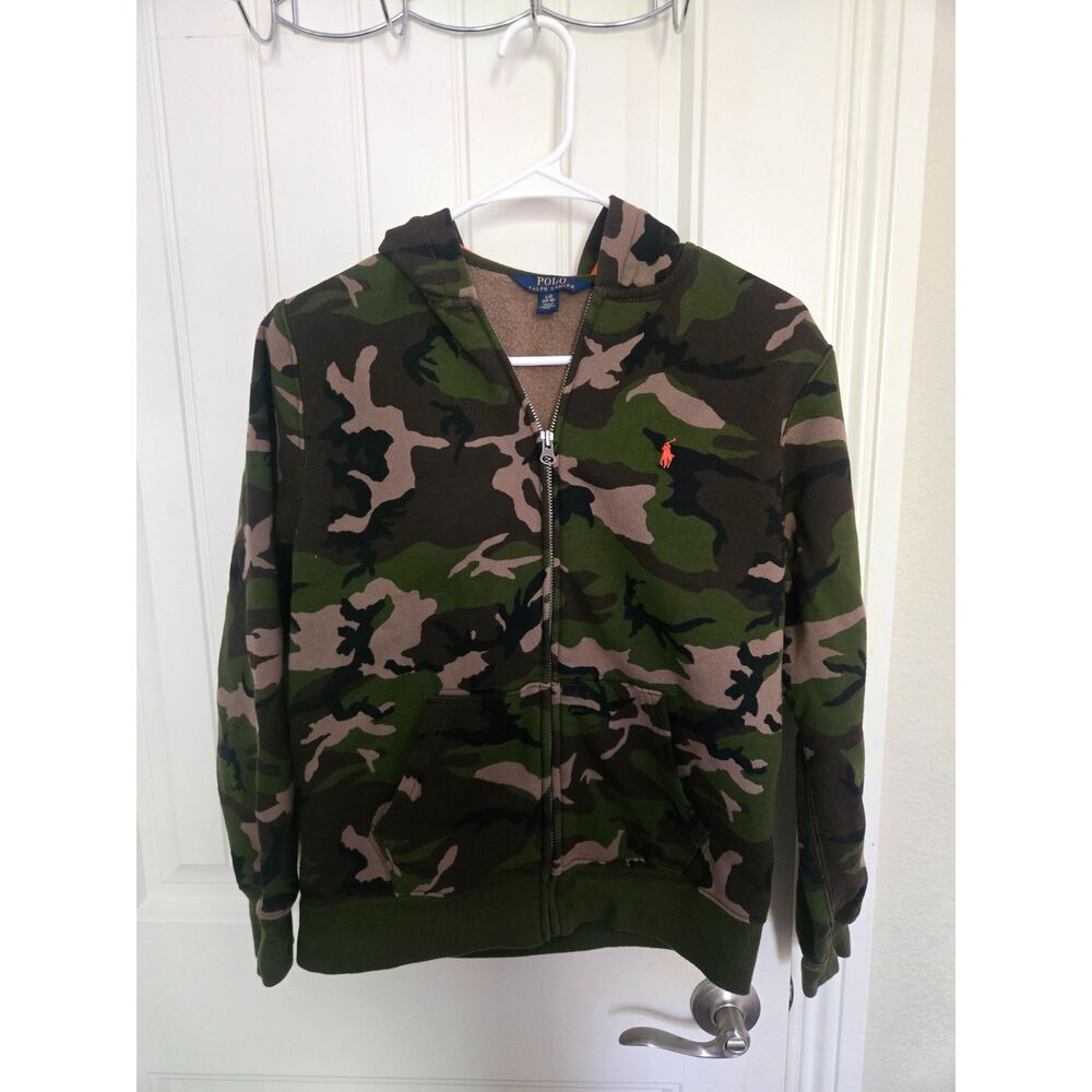 Polo Ralph Lauren Boys L/XL 14-16 Camo Full Zip Hoodie Orange Pony Logo